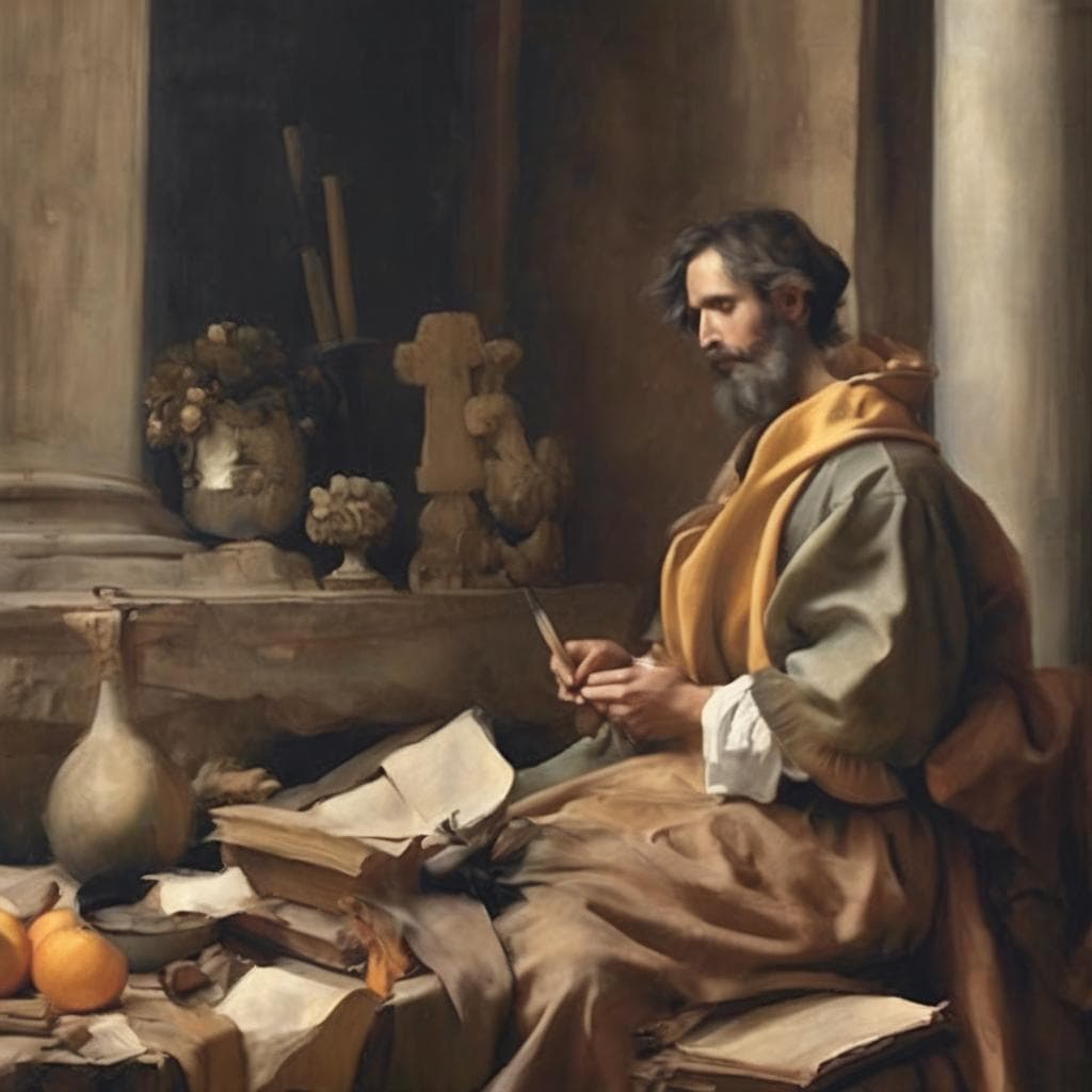 Άνδρας με βιβλία και σημειώσεις, ζωγραφική αναπαράσταση, τέχνη διαχρονικής αυθεντικότητας, δημιουργική ατμόσφαιρα.