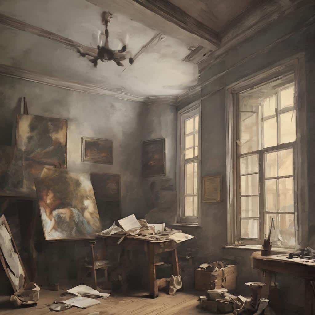 Παλαιά αίθουσα με καμβάδες και έργα τέχνης, αποπνέει αυθεντικότητα στην τέχνη σε ιστορικό περιβάλλον.