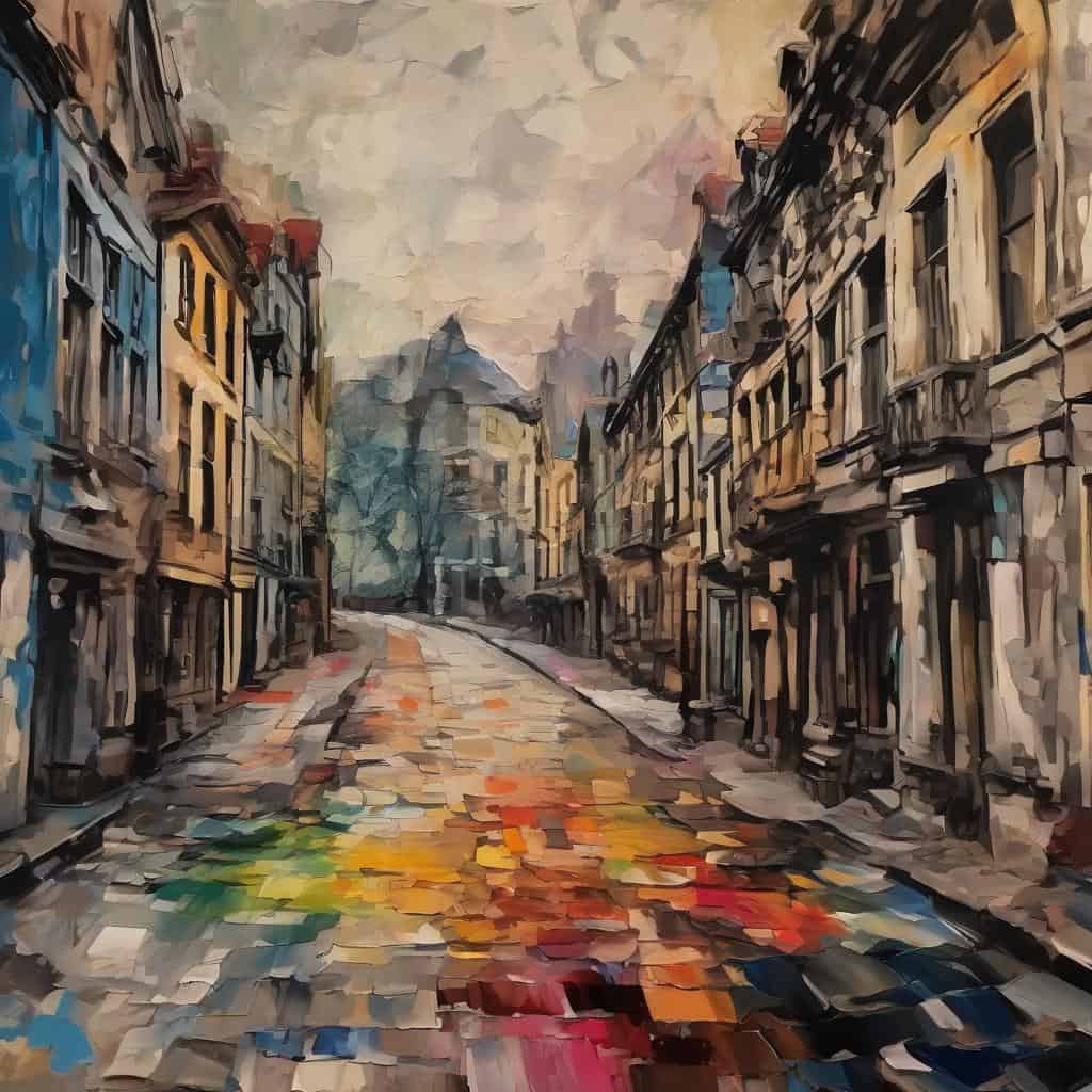 παραδοσιακή τέχνη ζωγραφική ανοιξιάτικο τοπίο σε δρόμο με χρωματιστά πέτρινα πλακόστρωτα τουριστικά σημεία Ανακαλύψτε την αυθεντικότητα στην τέχνη.