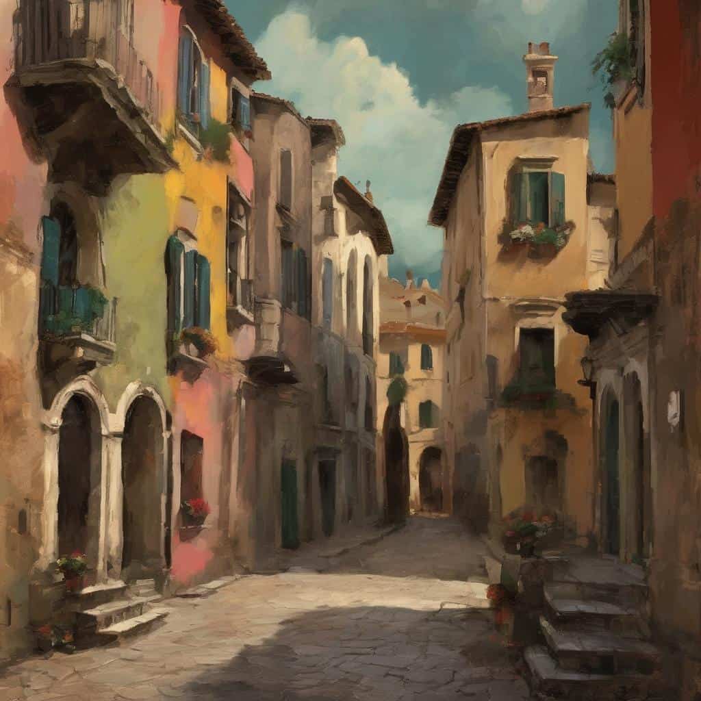 Φωτογραφία με παλιά πολύχρωμα σπίτια σε γραφική πλατεία, τέχνη και αυθεντικότητα σε κάθε πινελιά.