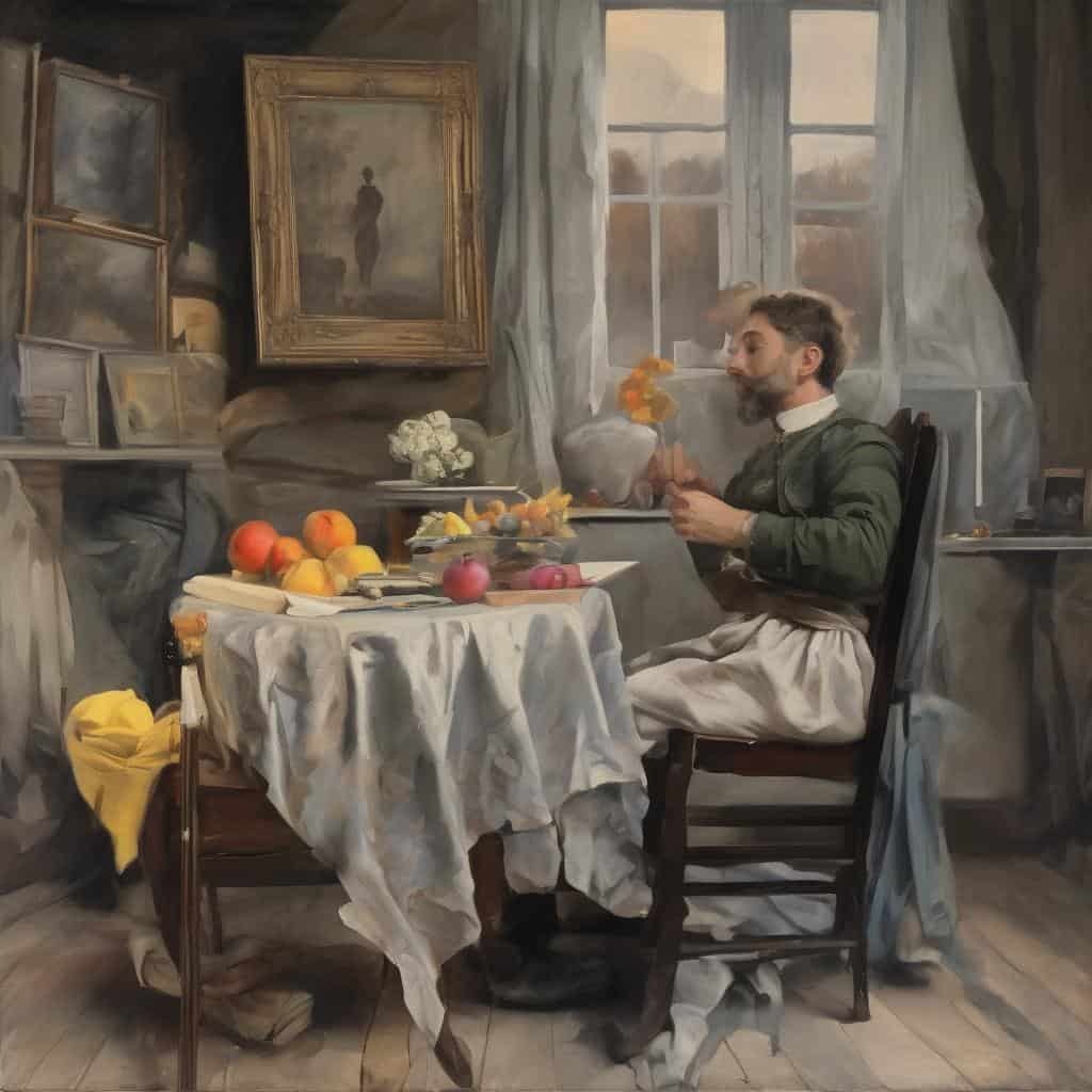 Ορθάνοιχτα παράθυρα με εικόνες και πίνακες ζωγραφικής, άντρας σε παλιό δωμάτιο με φαγητό και λουλούδια, αυθεντικά έργα τέχνης.