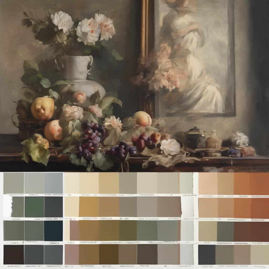Ρωγμές σε πίνακα ζωγραφικής με φρούτα και λουλούδια, κλασικό στυλ τέχνης, αυθεντικότητα.